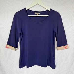 Burberry Brit Nova Check Cuff Scoop Neck 3/4 Sleeve Top Purple M Quiet Luxury